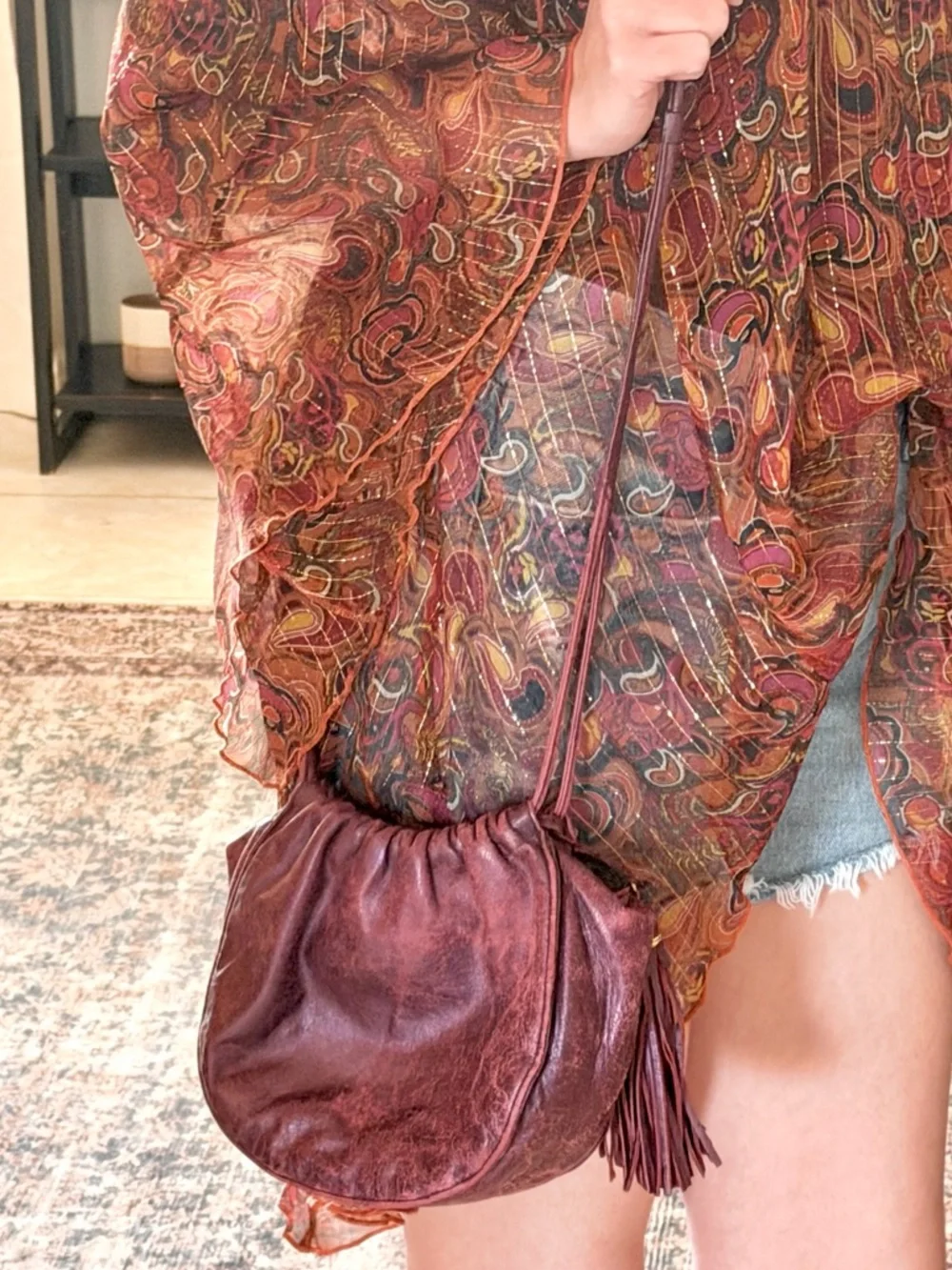 Vintage Ganson San Francisco Metallic Burgundy Leather Mini Bag‎ Tassel Y2K Boho